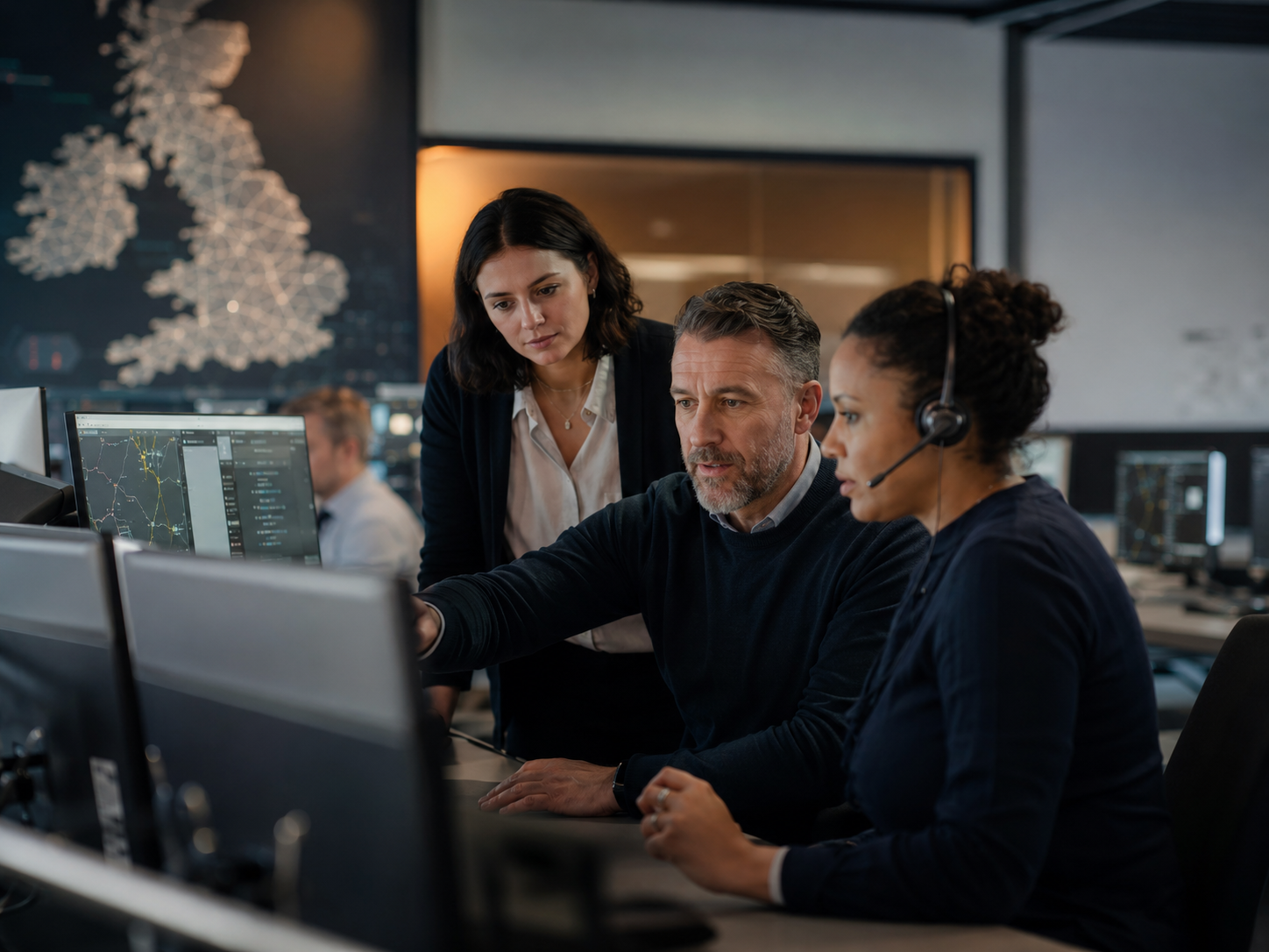 Professional transport dispatchers coordinating routes in a modern operations office